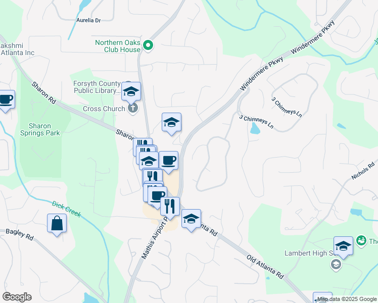 map of restaurants, bars, coffee shops, grocery stores, and more near 4360 Havenridge Place in Cumming