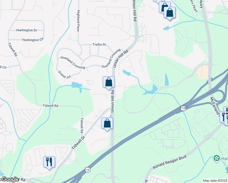 map of restaurants, bars, coffee shops, grocery stores, and more near 5743 Union Hill Road in Alpharetta