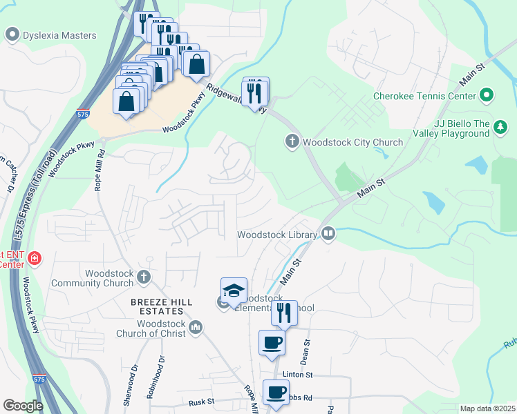 map of restaurants, bars, coffee shops, grocery stores, and more near 315 Tuggle Court in Woodstock