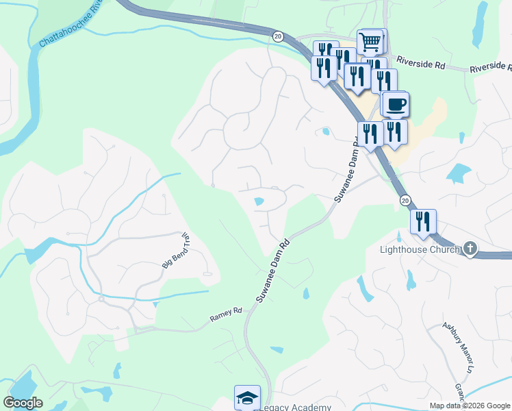 map of restaurants, bars, coffee shops, grocery stores, and more near 206 Ridge Walk Court in Sugar Hill