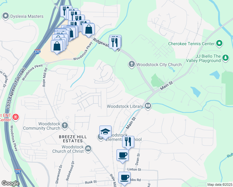 map of restaurants, bars, coffee shops, grocery stores, and more near 315 Tuggle Court in Woodstock