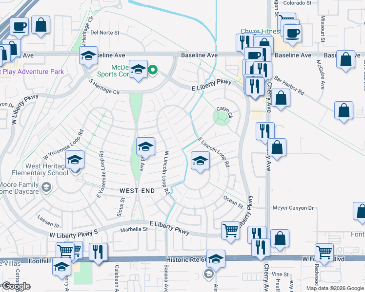map of restaurants, bars, coffee shops, grocery stores, and more near 14095 Bancroft Court in Fontana