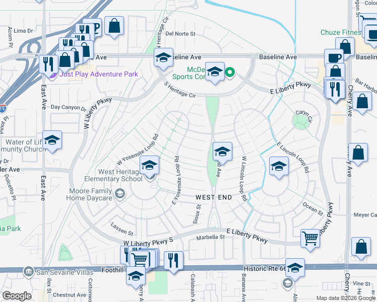 map of restaurants, bars, coffee shops, grocery stores, and more near 13716 Boston Court in Fontana