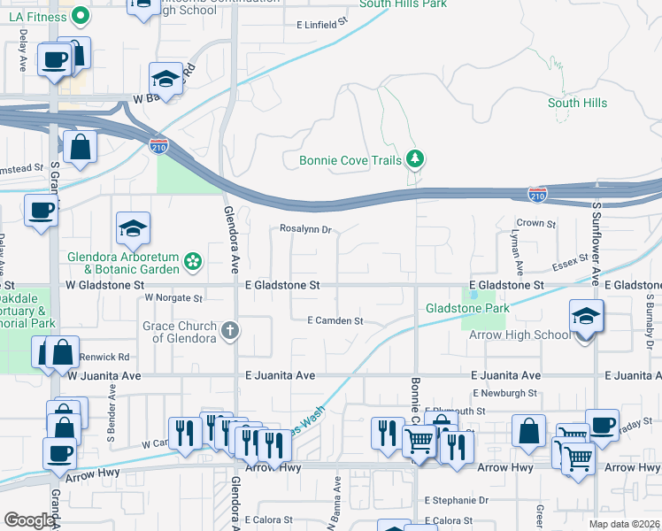 map of restaurants, bars, coffee shops, grocery stores, and more near 237 Essex Street in Glendora