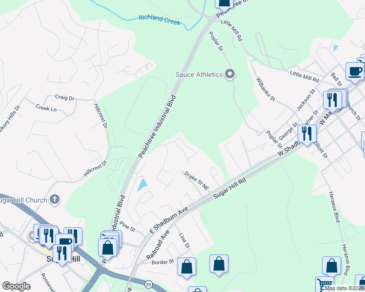 map of restaurants, bars, coffee shops, grocery stores, and more near 5010 Glencliff Drive in Sugar Hill
