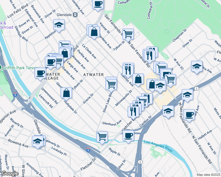 map of restaurants, bars, coffee shops, grocery stores, and more near 3271 Silver Lake Boulevard in Los Angeles