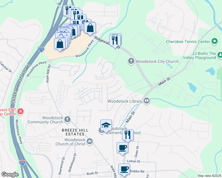 map of restaurants, bars, coffee shops, grocery stores, and more near 313 Tuggle Court in Woodstock