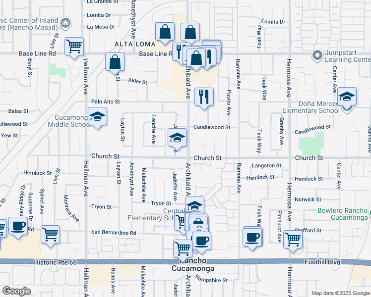 map of restaurants, bars, coffee shops, grocery stores, and more near 7684 Archibald Avenue in Rancho Cucamonga