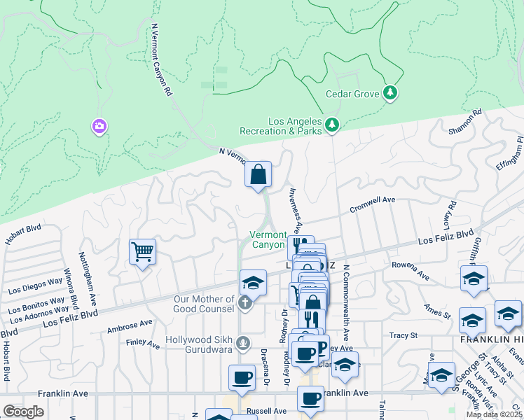 map of restaurants, bars, coffee shops, grocery stores, and more near 2443 North Vermont Avenue in Los Angeles
