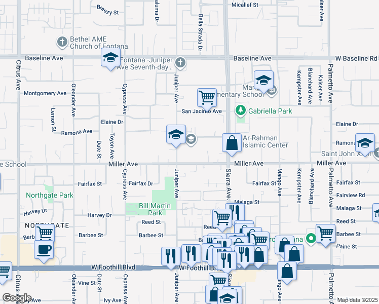 map of restaurants, bars, coffee shops, grocery stores, and more near 7655 Juniper Avenue in Fontana