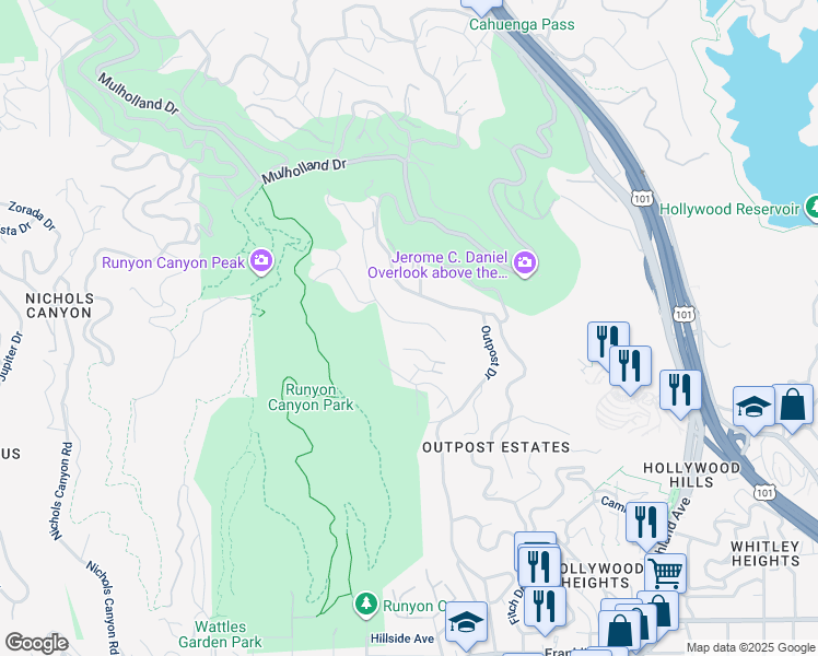 map of restaurants, bars, coffee shops, grocery stores, and more near 2505 Carman Crest Drive in Los Angeles