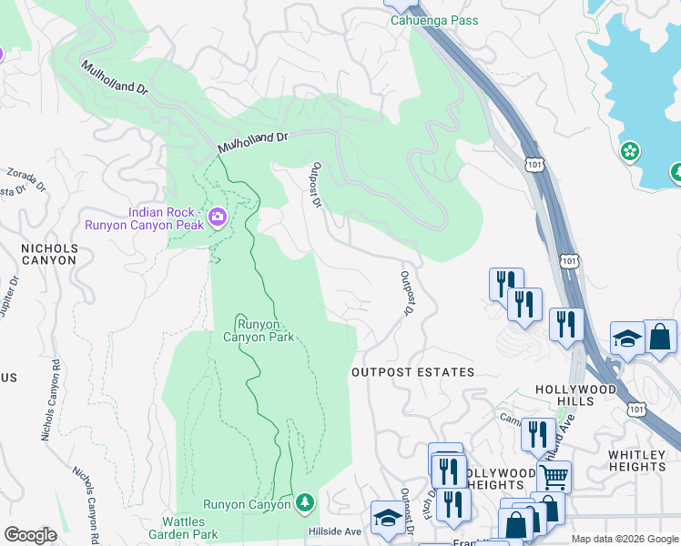 map of restaurants, bars, coffee shops, grocery stores, and more near 2505 Carman Crest Drive in Los Angeles