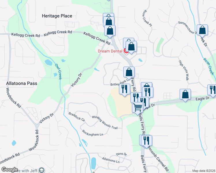 map of restaurants, bars, coffee shops, grocery stores, and more near 1105 Britley Park Lane in Woodstock