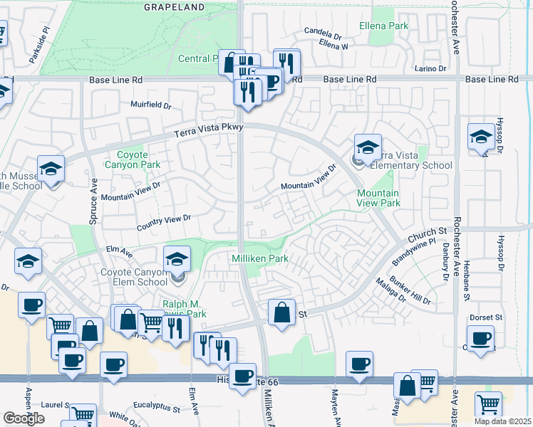 map of restaurants, bars, coffee shops, grocery stores, and more near 11343 Mountain View Drive in Rancho Cucamonga