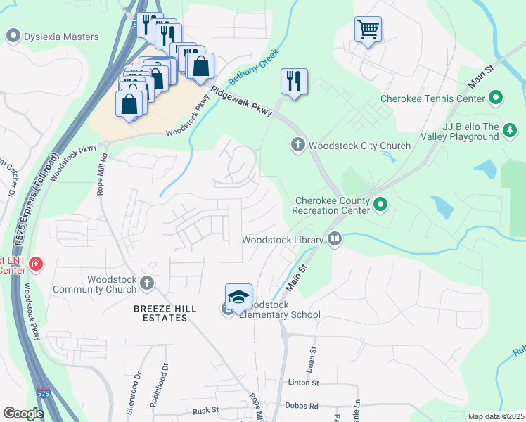 map of restaurants, bars, coffee shops, grocery stores, and more near 315 Tuggle Court in Woodstock