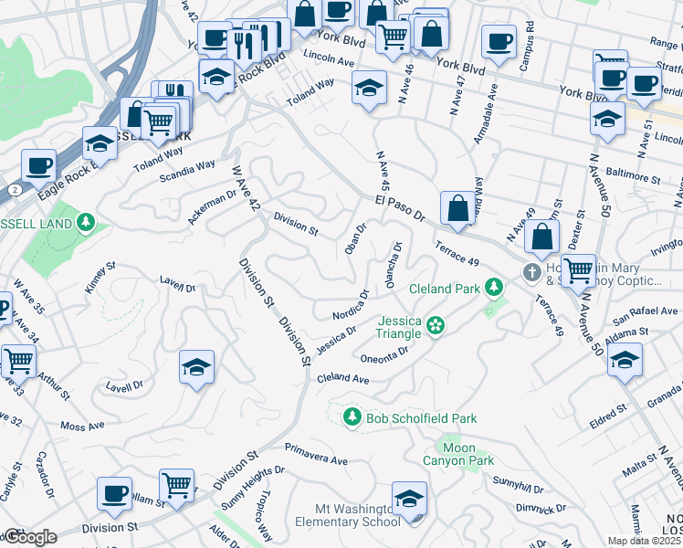 map of restaurants, bars, coffee shops, grocery stores, and more near 1008 Oban Drive in Los Angeles