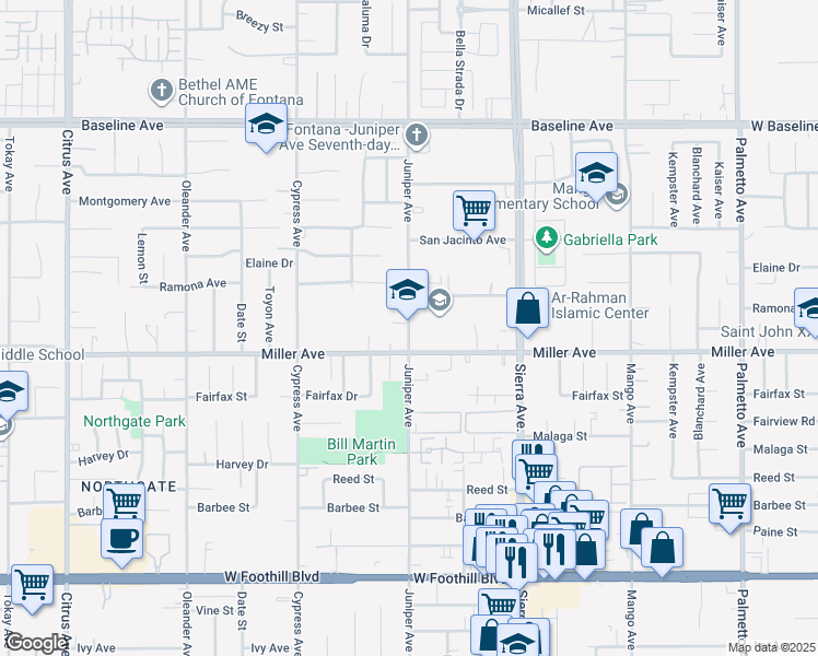 map of restaurants, bars, coffee shops, grocery stores, and more near 7655 Juniper Avenue in Fontana