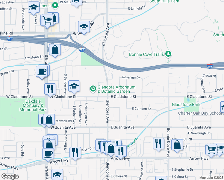 map of restaurants, bars, coffee shops, grocery stores, and more near 1343 South Glencroft Road in Glendora