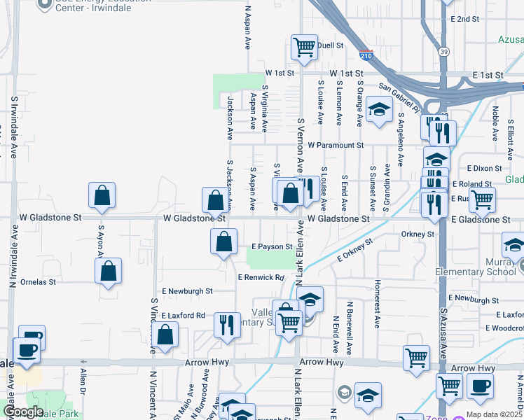 map of restaurants, bars, coffee shops, grocery stores, and more near 905 West Gladstone Street in Azusa