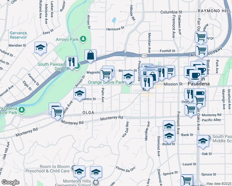 map of restaurants, bars, coffee shops, grocery stores, and more near 624 El Centro Street in South Pasadena