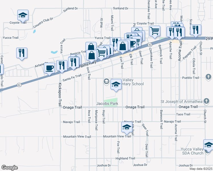 map of restaurants, bars, coffee shops, grocery stores, and more near 7601 Hopi Trail in Yucca Valley