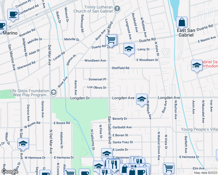 map of restaurants, bars, coffee shops, grocery stores, and more near North San Gabriel Boulevard in San Gabriel