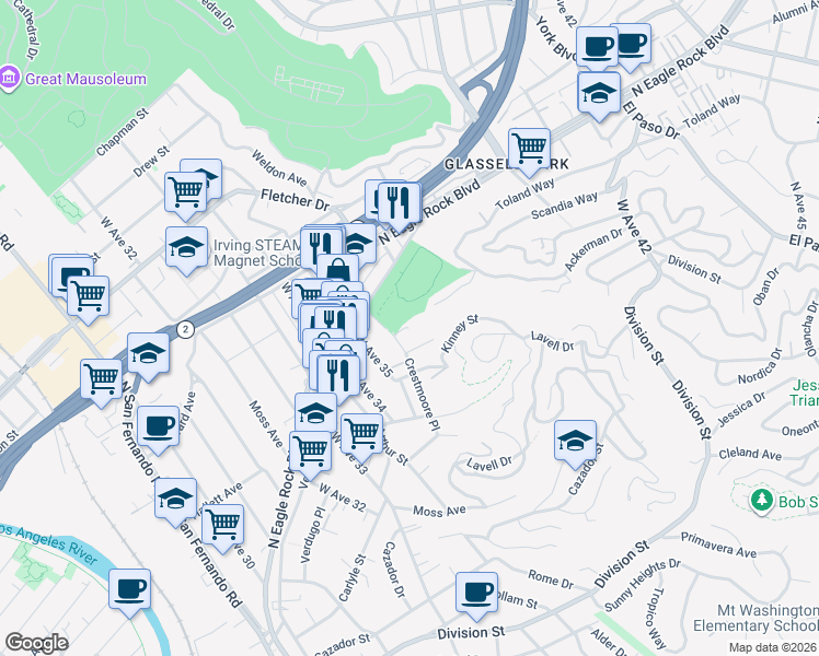 map of restaurants, bars, coffee shops, grocery stores, and more near 3570 Mimosa Drive in Los Angeles