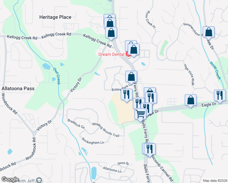 map of restaurants, bars, coffee shops, grocery stores, and more near 1105 Britley Park Lane in Woodstock