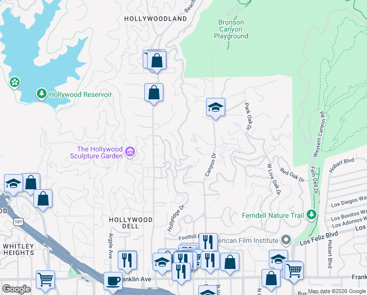 map of restaurants, bars, coffee shops, grocery stores, and more near 2654 Hollyridge Drive in Los Angeles