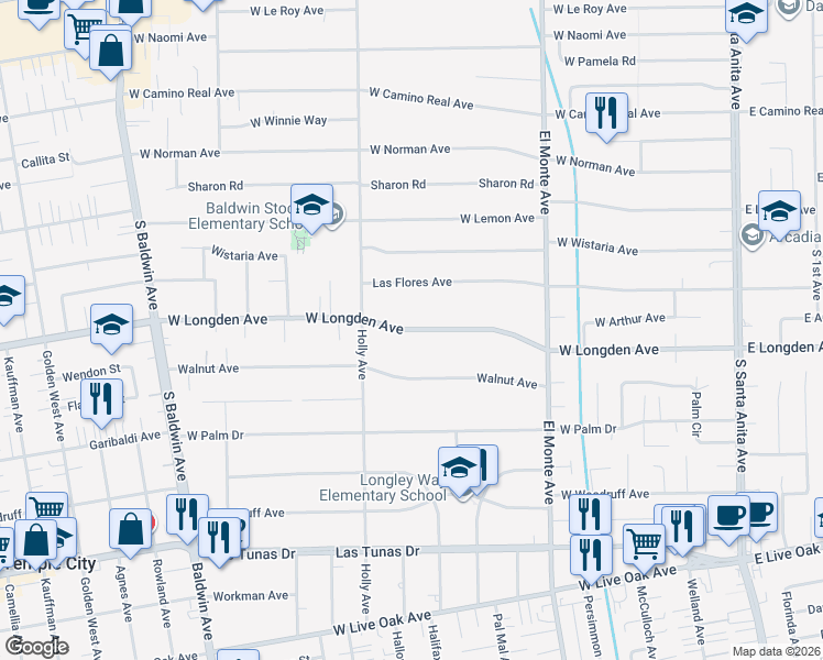 map of restaurants, bars, coffee shops, grocery stores, and more near West Longden Avenue in Arcadia