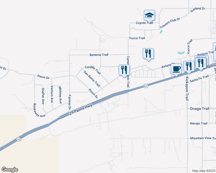 map of restaurants, bars, coffee shops, grocery stores, and more near 54729 Martinez Trail in Yucca Valley