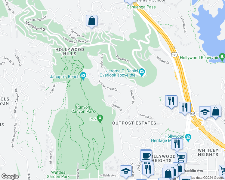 map of restaurants, bars, coffee shops, grocery stores, and more near 2445 Carman Crest Drive in Los Angeles