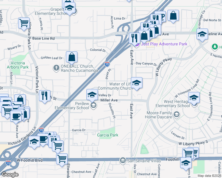 map of restaurants, bars, coffee shops, grocery stores, and more near 7630 Tuscany Place in Rancho Cucamonga