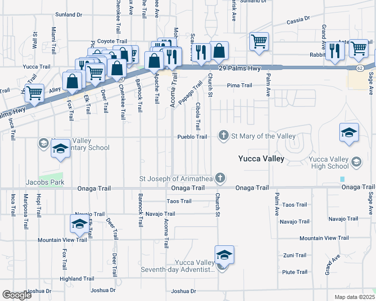 map of restaurants, bars, coffee shops, grocery stores, and more near 7549 Borrego Trail in Yucca Valley
