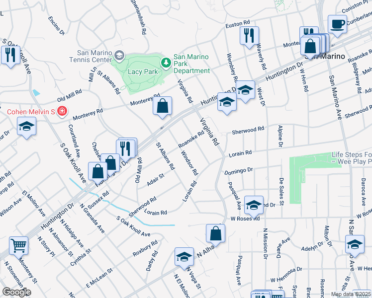 map of restaurants, bars, coffee shops, grocery stores, and more near 1804 Windsor Road in San Marino