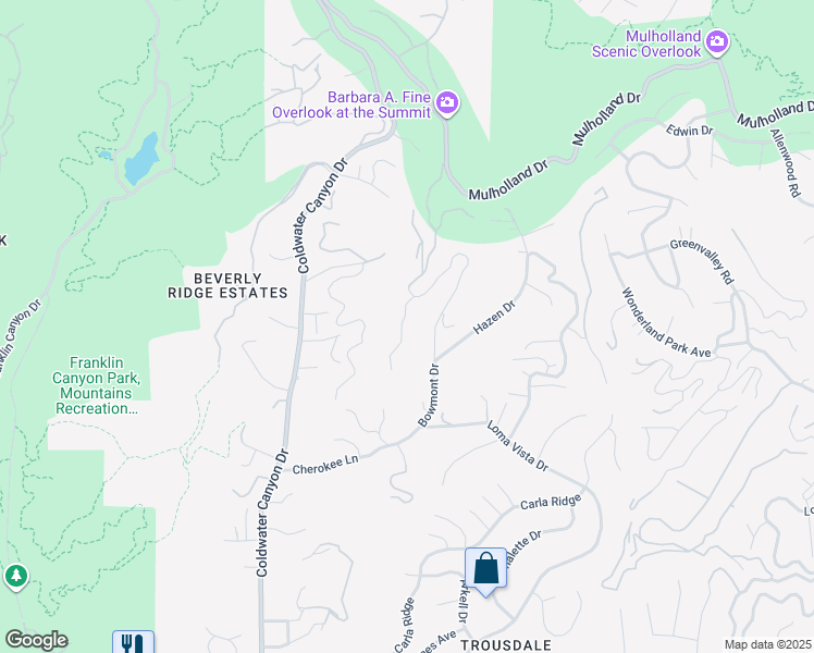 map of restaurants, bars, coffee shops, grocery stores, and more near 2346 Kimridge Road in Beverly Hills