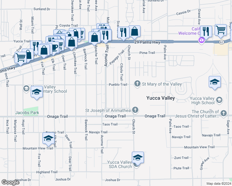 map of restaurants, bars, coffee shops, grocery stores, and more near 7549 Borrego Trail in Yucca Valley
