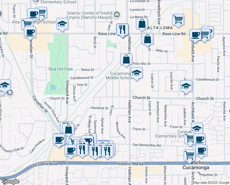 map of restaurants, bars, coffee shops, grocery stores, and more near 7679 Lion Street in Rancho Cucamonga
