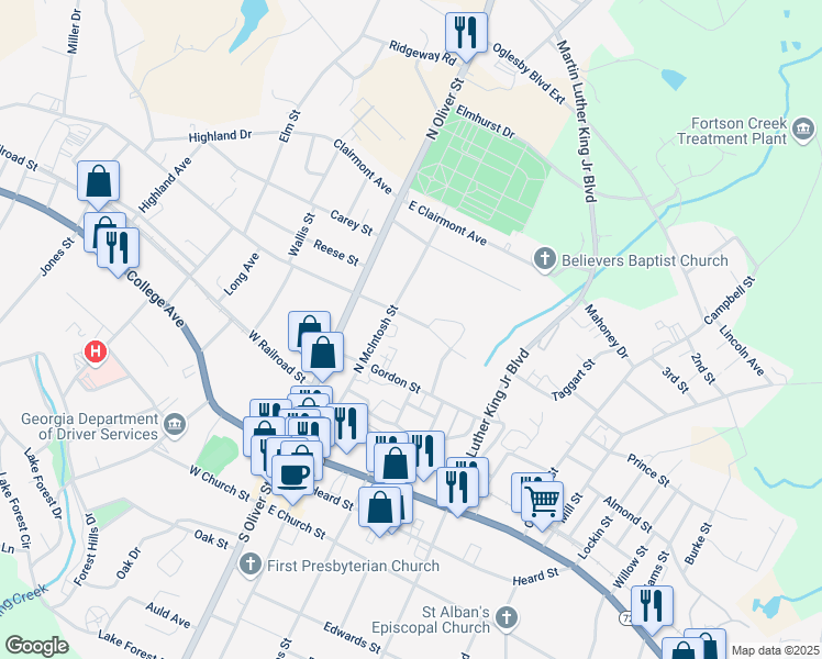 map of restaurants, bars, coffee shops, grocery stores, and more near 330 East Tate Street in Elberton