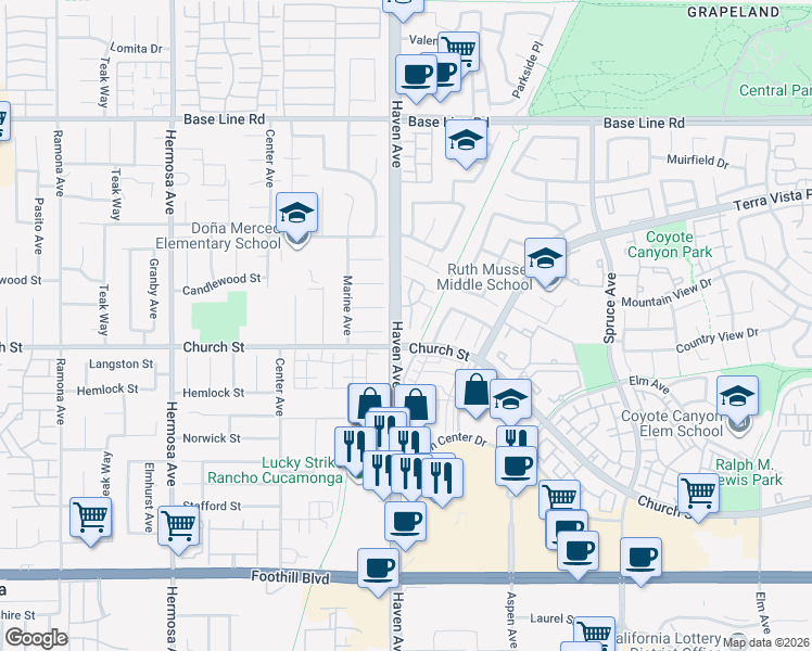map of restaurants, bars, coffee shops, grocery stores, and more near 7691 Haven Avenue in Rancho Cucamonga
