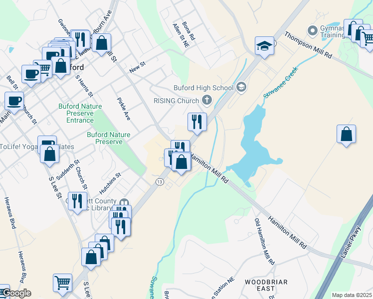 map of restaurants, bars, coffee shops, grocery stores, and more near 4499 Hamilton Mill Road in Buford