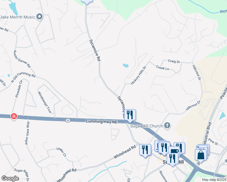 map of restaurants, bars, coffee shops, grocery stores, and more near 1156 Olivet Drive in Sugar Hill