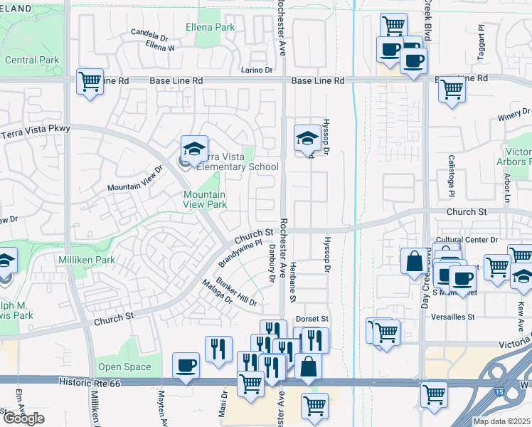 map of restaurants, bars, coffee shops, grocery stores, and more near 11853 Saybrook Drive in Rancho Cucamonga