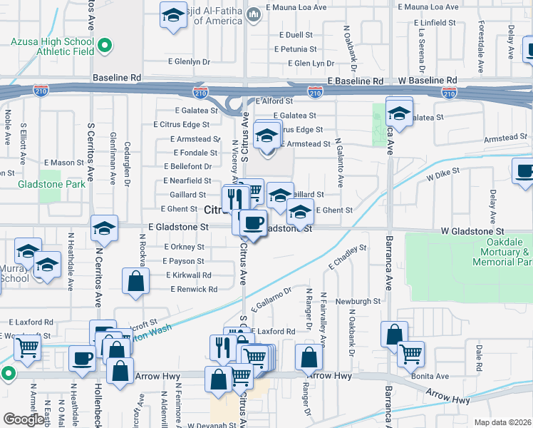 map of restaurants, bars, coffee shops, grocery stores, and more near 915 East Gladstone Street in Azusa