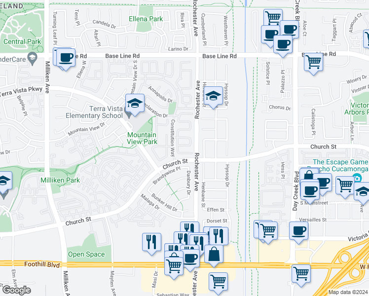 map of restaurants, bars, coffee shops, grocery stores, and more near 11853 Saybrook Drive in Rancho Cucamonga