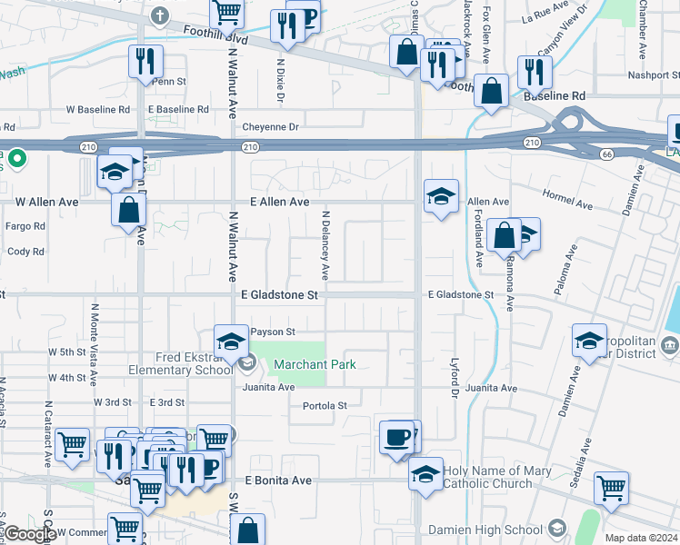 map of restaurants, bars, coffee shops, grocery stores, and more near 713 North Hatfield Avenue in San Dimas