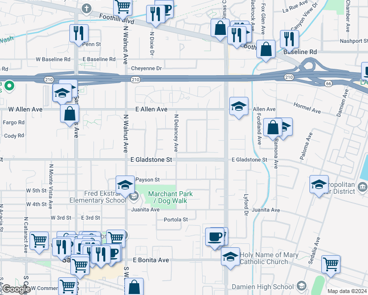 map of restaurants, bars, coffee shops, grocery stores, and more near 713 North Hatfield Avenue in San Dimas