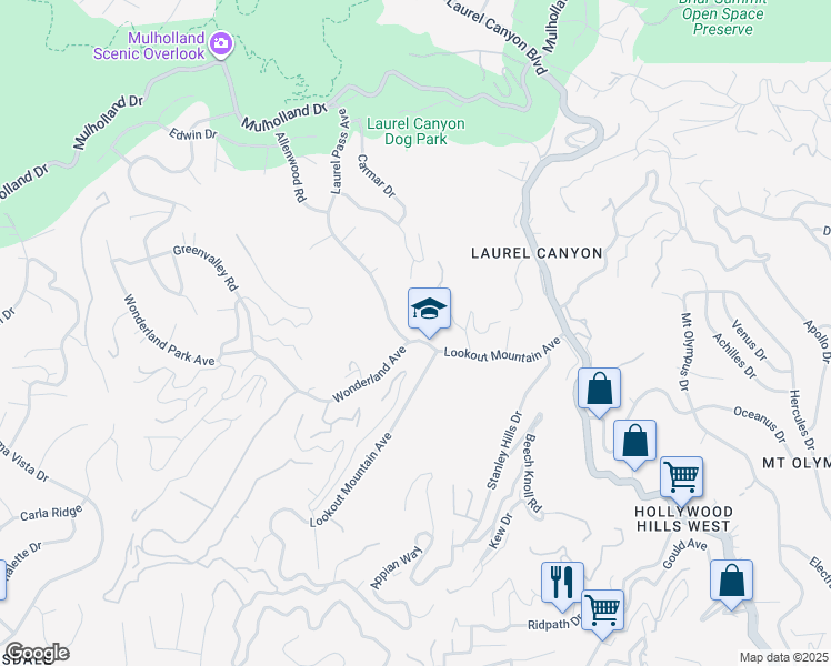 map of restaurants, bars, coffee shops, grocery stores, and more near 8527 Wonderland Avenue in Los Angeles