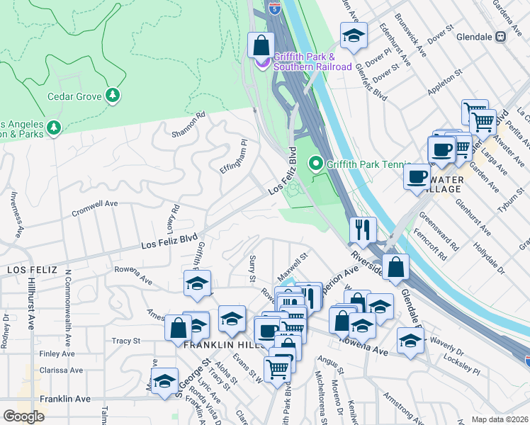 map of restaurants, bars, coffee shops, grocery stores, and more near 3728 Arbolada Road in Los Angeles