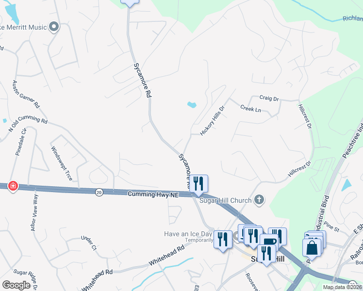 map of restaurants, bars, coffee shops, grocery stores, and more near in Sugar Hill
